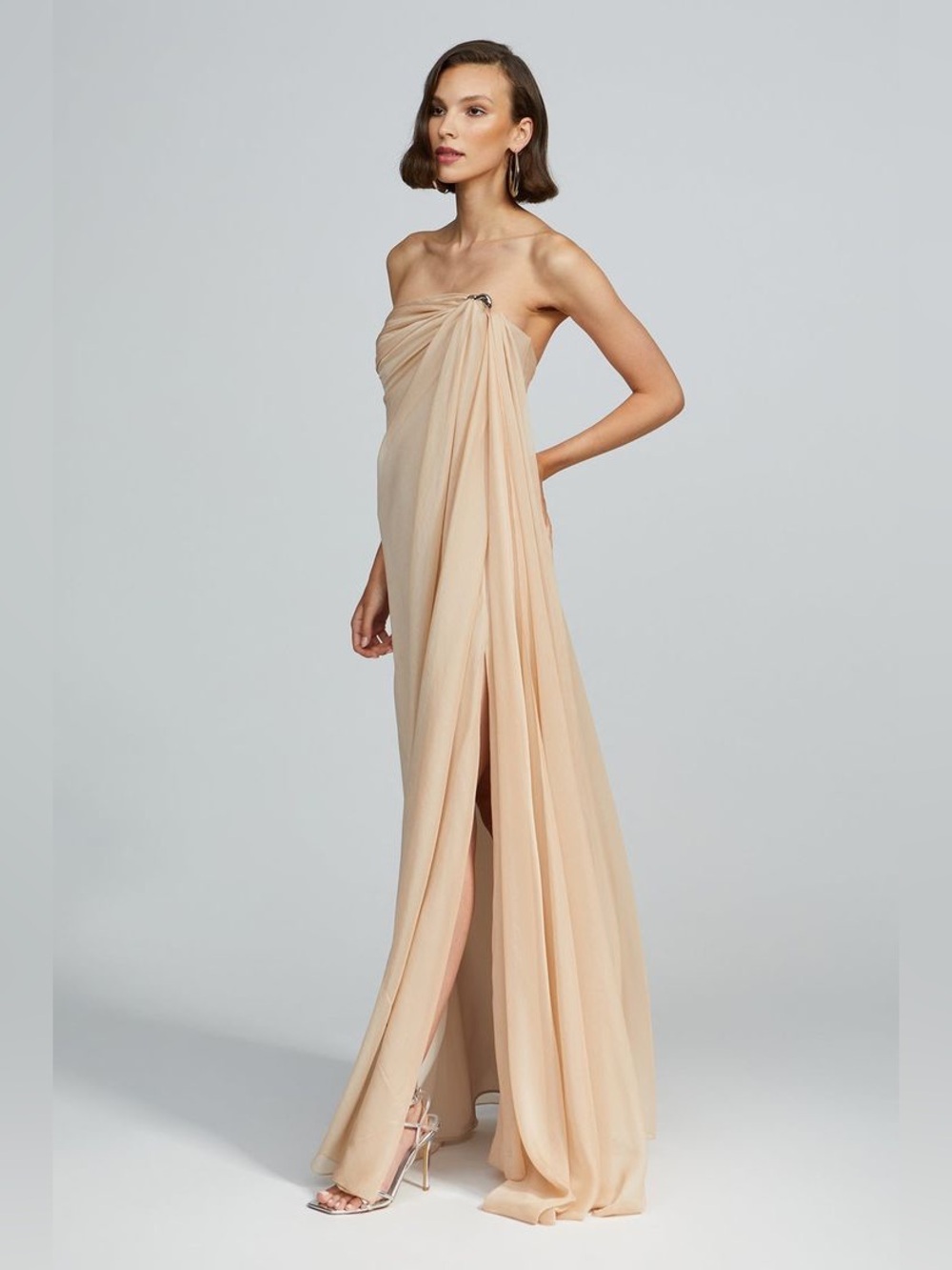 Halston Oyster Strapless Draped Chiffon Gown in Nude Blush